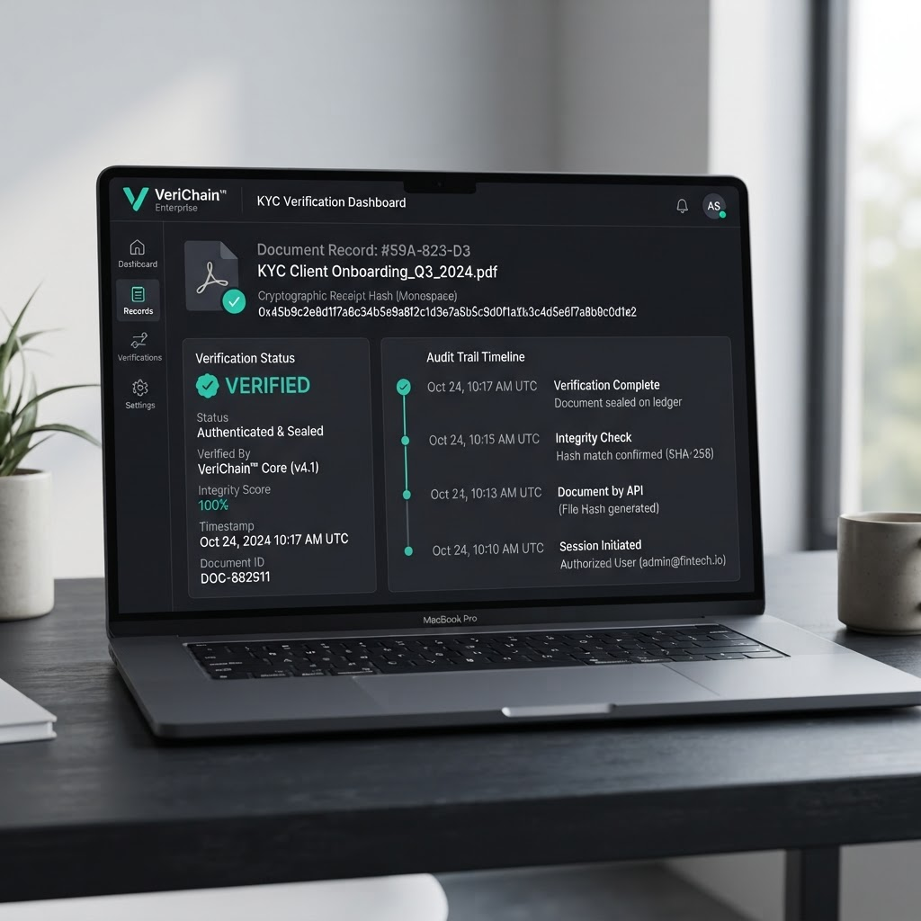TrustSignal verification dashboard showing a sealed document record and cryptographic receipt